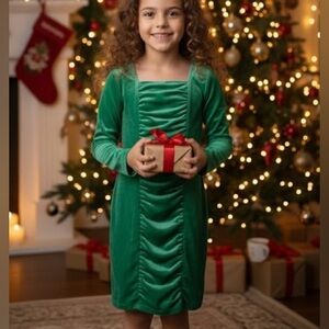 New! Green Velour Girl’s 7/8 Art Class Ruched Dress Holiday Costume Dress Up Fun